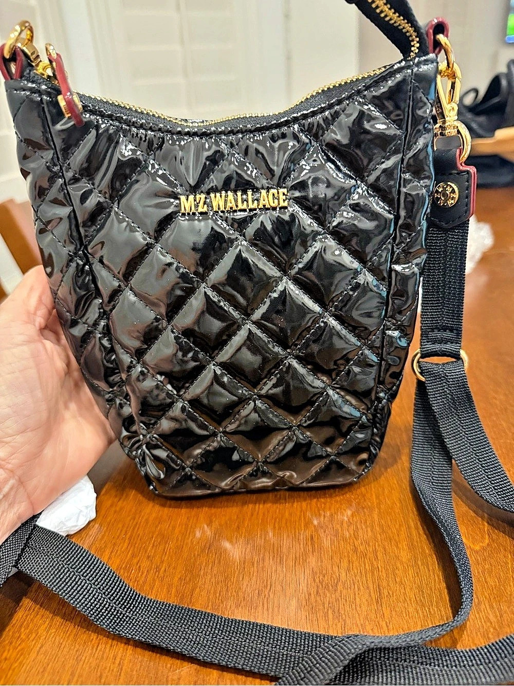NWOT MZ Wallace Metro Flat Crossbody Quilted patent Black. 2 straps